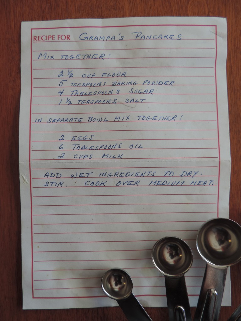 My mother's recipe card for Grandpa's Pancakes.