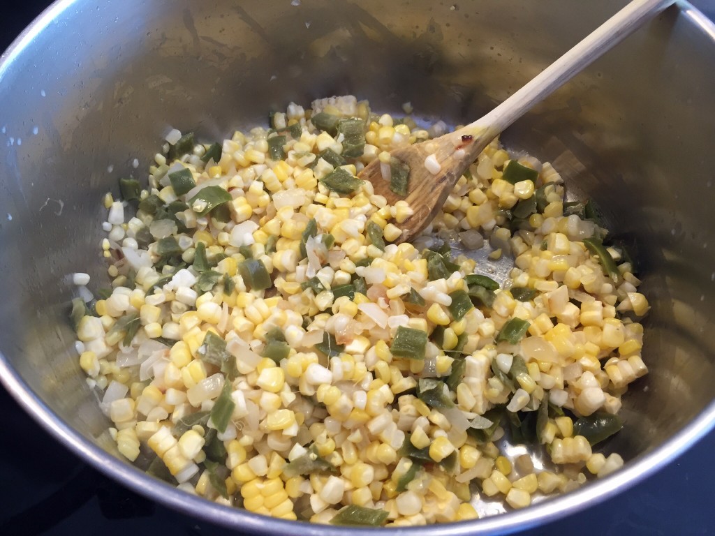 Onion, green peppers, and sweet corn.