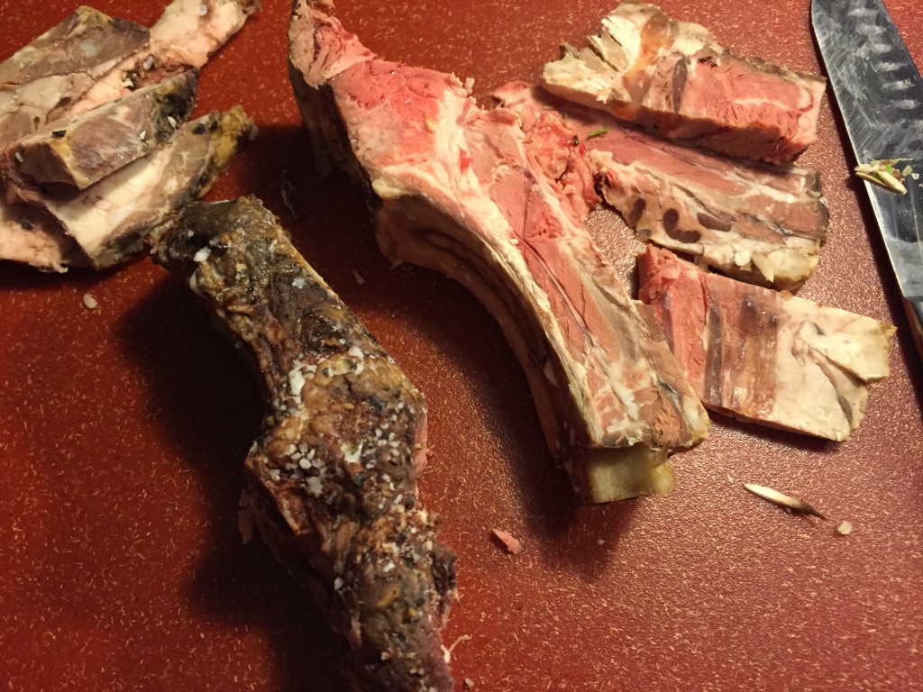 Prime rib leftover beef and bones.