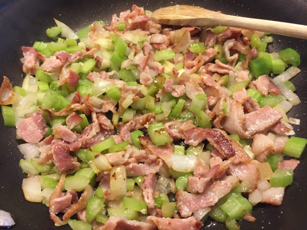 saute bacon, onions and celery