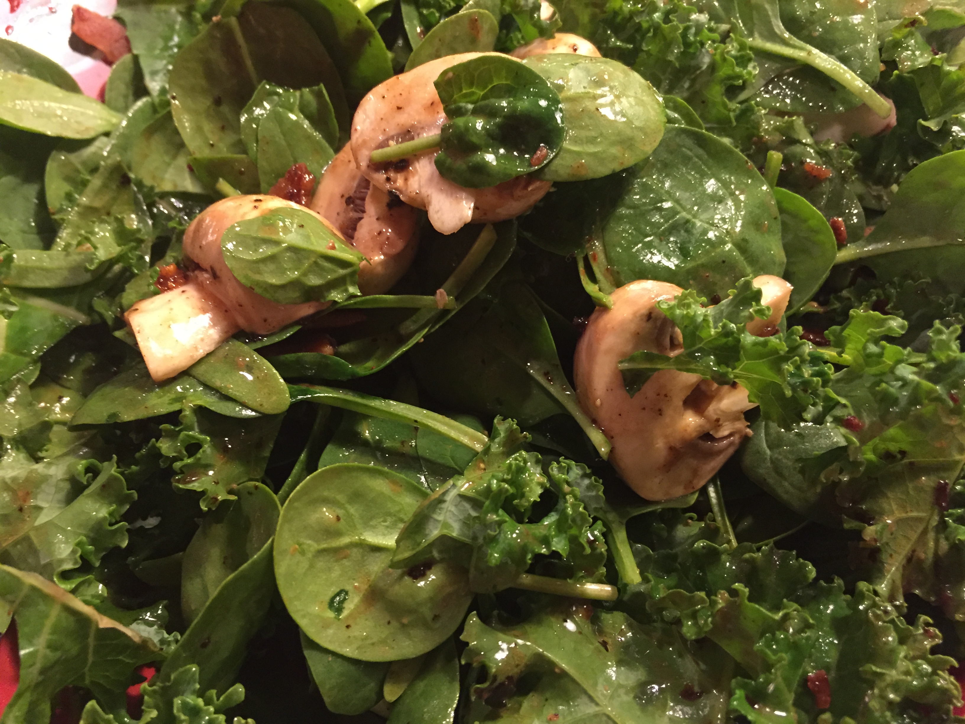 Spinach, Kale and Mushroom Salad with Warm Bacon Dressing