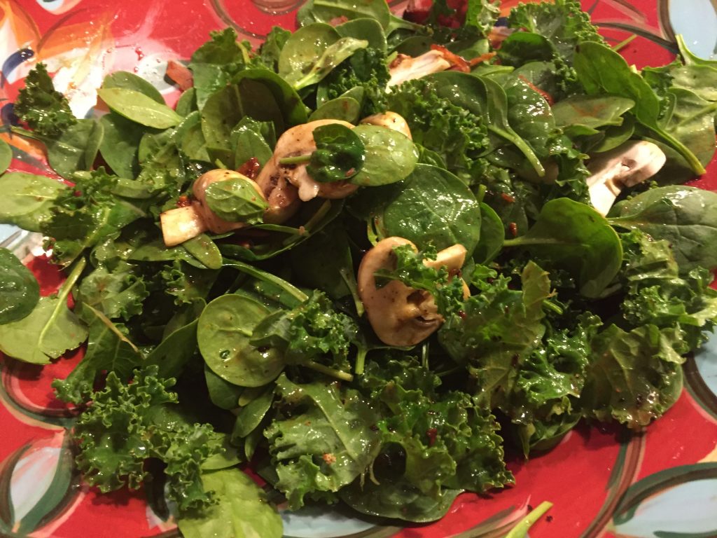 Spinach, Kale and Mushroom Salad with warm Bacon Dressing