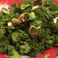 Spinach, Kale and Mushroom Salad with Warm Bacon Dressing