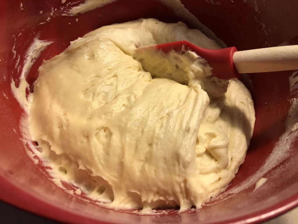 Batter for coffee cake is thick and fluffy.