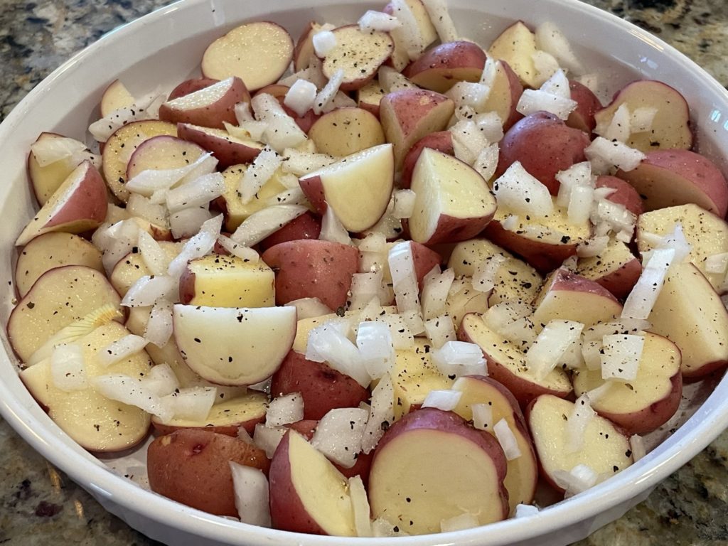 Cubed red potatoes.