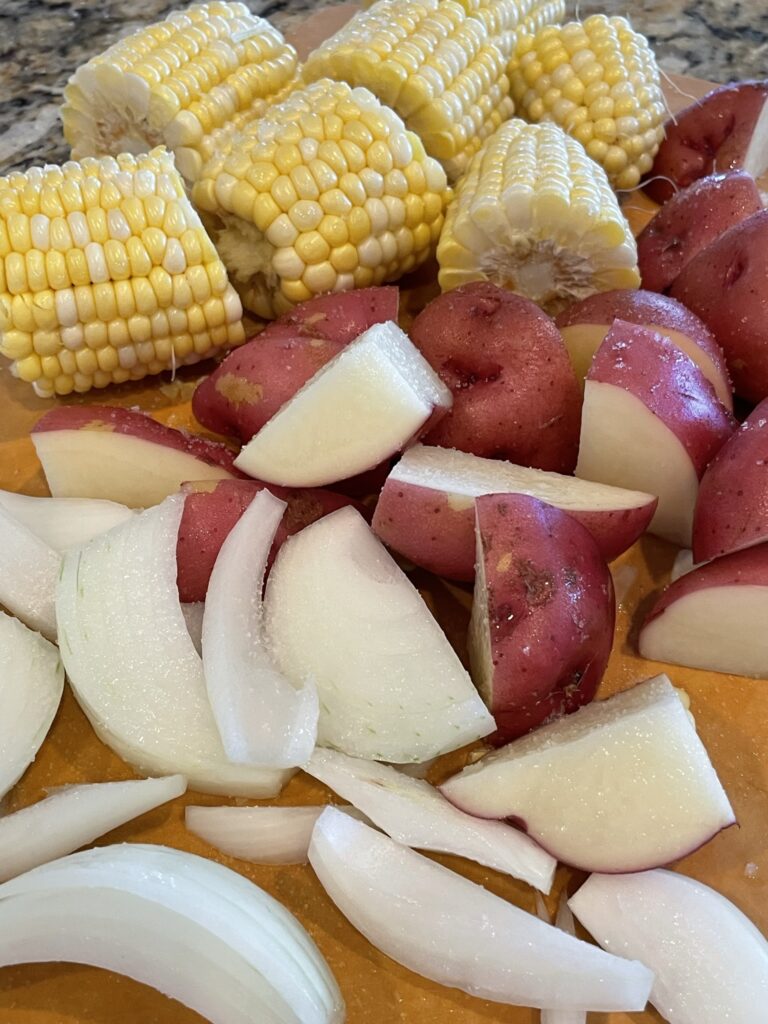 corn, potatoes and onions