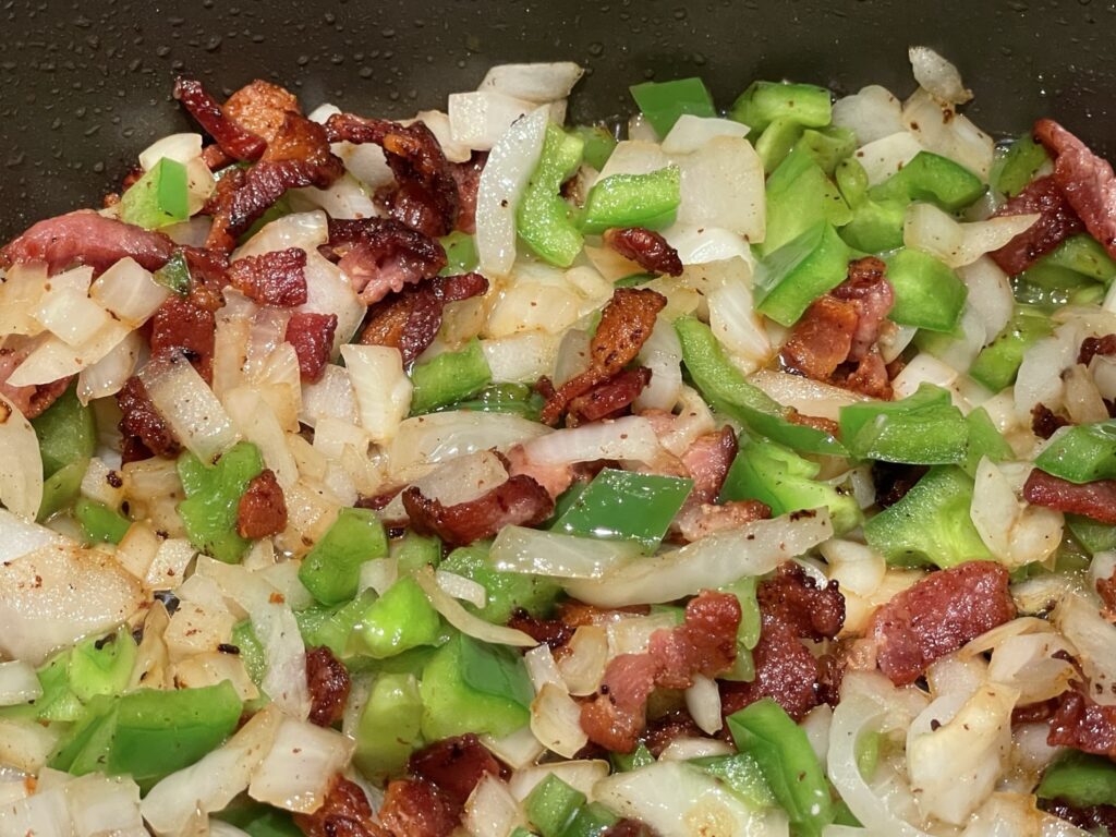 bacon, peppers and onions