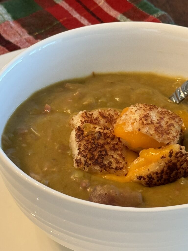 Ham and Split Pea Soup with grilled cheese croutons