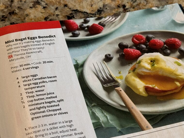 recipe in magazine for Mini Bagels Eggs Benedict